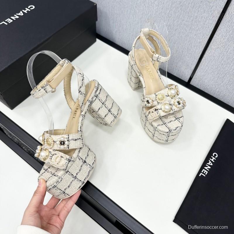 2025 Women Chanel Beige Black Tweed Platform Sandal KFY00310
