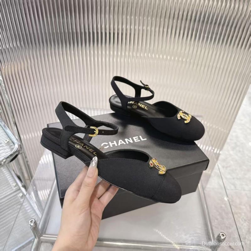 2025 Women Chanel Black Fabric Slingback Sandals