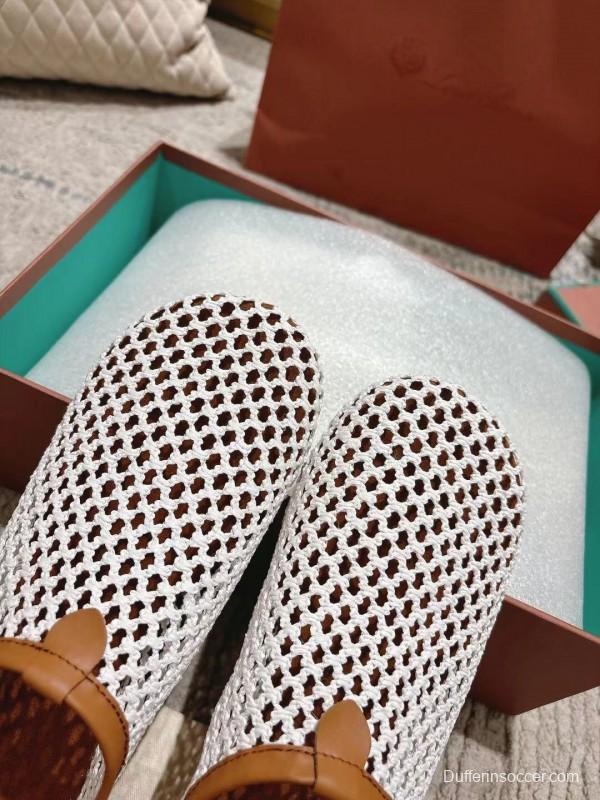 2025 Women LP White Brown Leather Mesh Ballet Flats