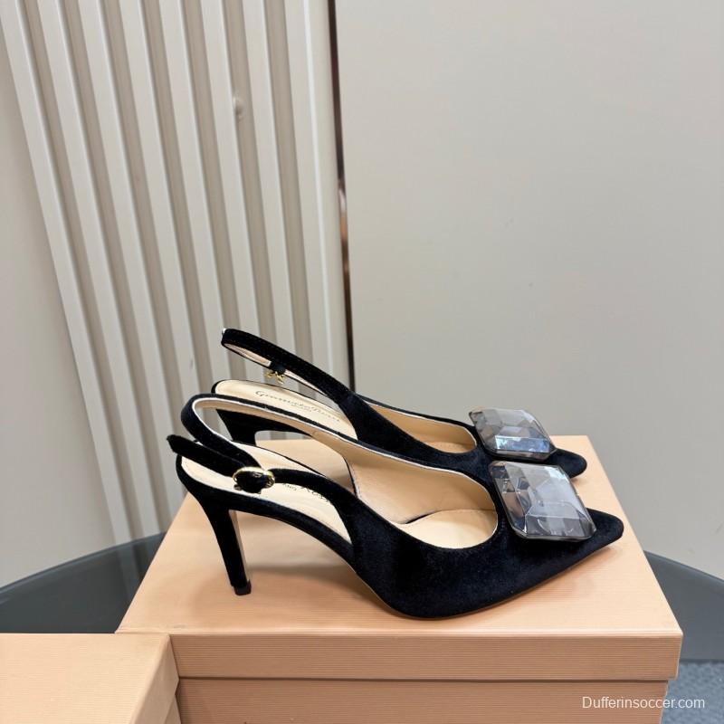 2025 Women Gianvito Rossi Black Velvet Slingback Heels Gemstone Decoration KFY00300