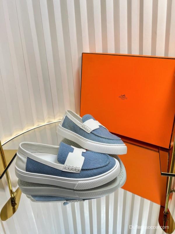 2025 Women Hermès Blue White Leather Canvas Loafers LY00310