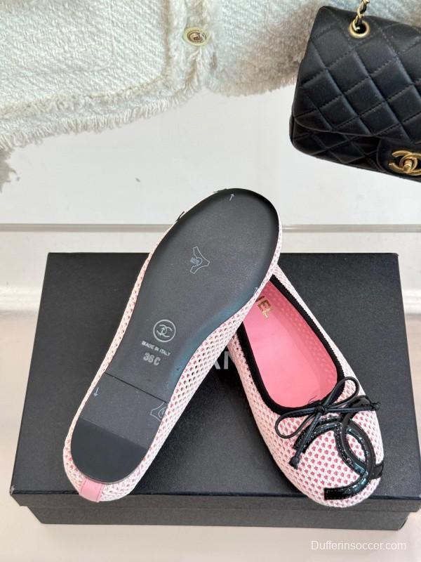 2025 Women Chanel Pink Black Mesh Ballet Flats KFY00260