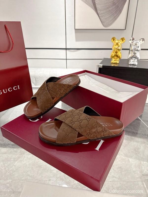 2025 Women Gucci Brown Suede Slippers GG Embossed AS00240