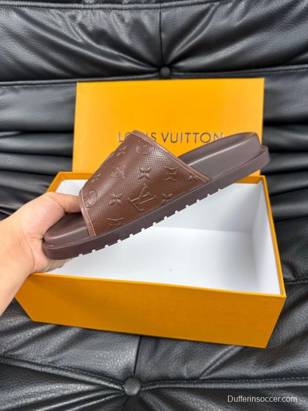2025 Men Louis Vuitton Brown Leather Slippers AS00170