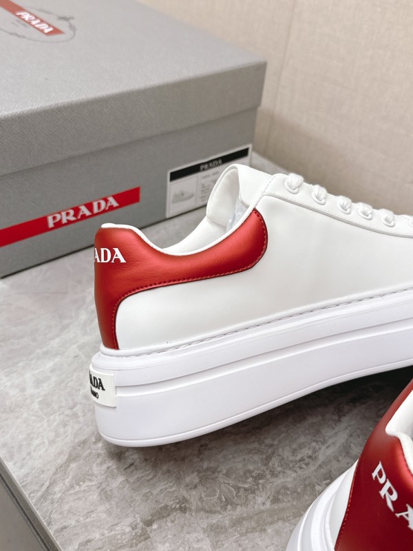 2025 Unisex Prada White Red Calf Leather Sneakers KFY00290