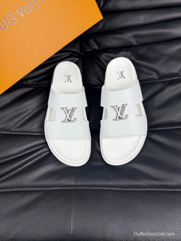 2025 Men Louis Vuitton White Leather Slippers AS00170