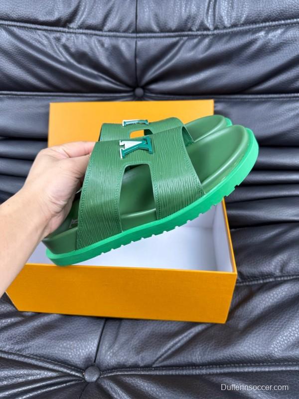 2025 Men Louis Vuitton Green Leather Slippers AS00170
