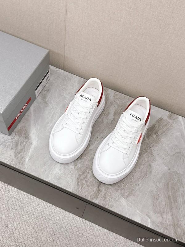 2025 Unisex Prada White Red Calf Leather Sneakers KFY00290