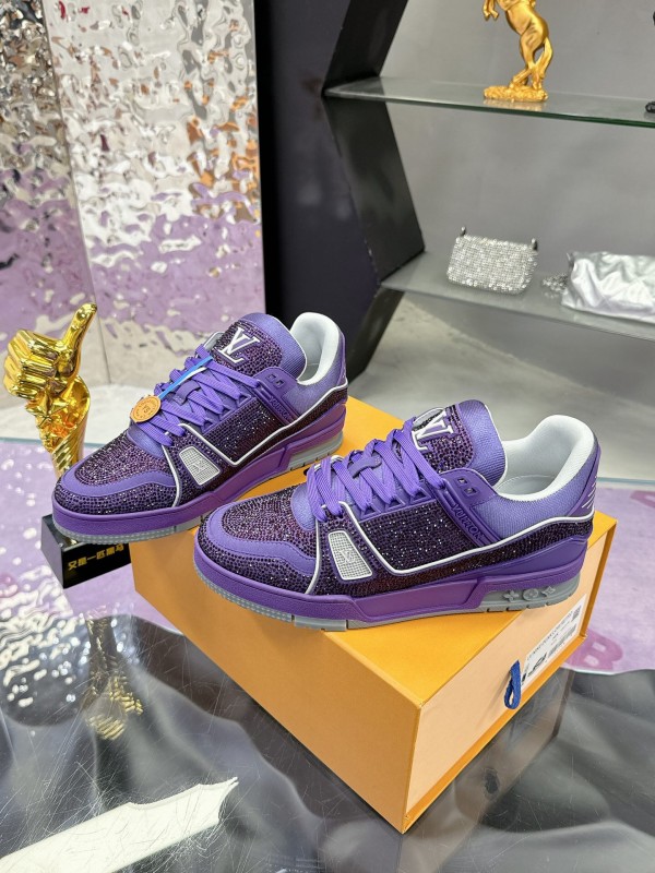 2025 Women Louis Vuitton Purple Blue Leather Plimsolls Handcrafted Rhinestone AS00400