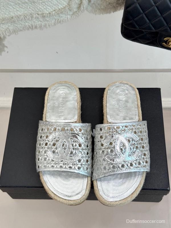 2025 Women Chanel Silver Leather Woven Fisherman Slippers KFY00240