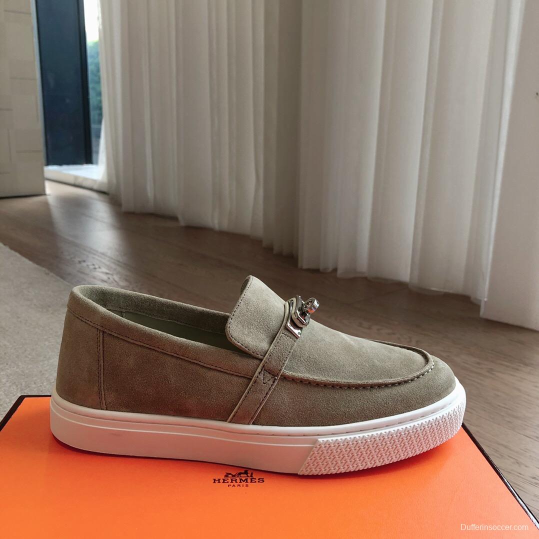 2025 Unisex Hermès Khaki Suede Leather Loafers AS00380