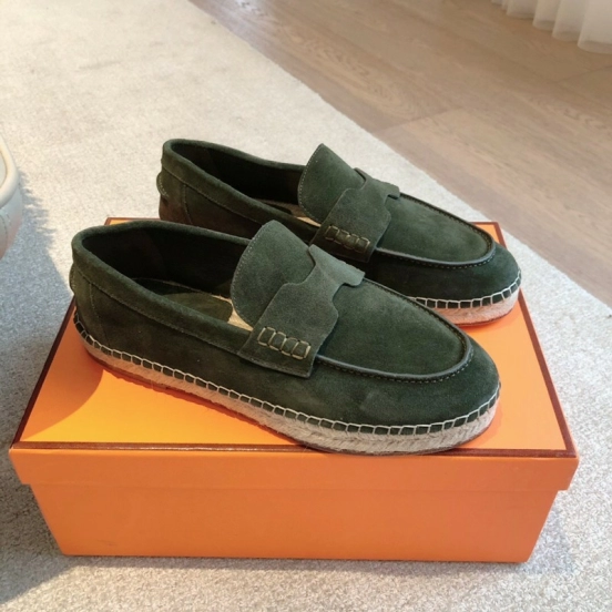 2025 Unisex Hermès Dark Green Suede Leather Loafers AS00380