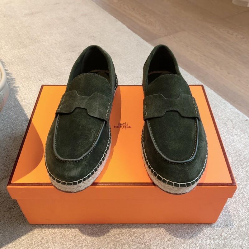 2025 Unisex Hermès Dark Green Suede Leather Loafers AS00380