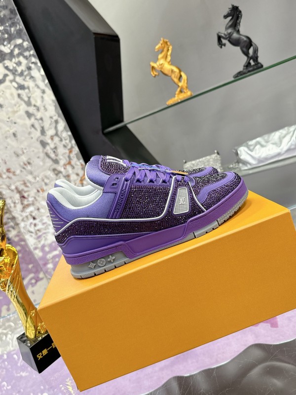 2025 Women Louis Vuitton Purple Blue Leather Plimsolls Handcrafted Rhinestone AS00400