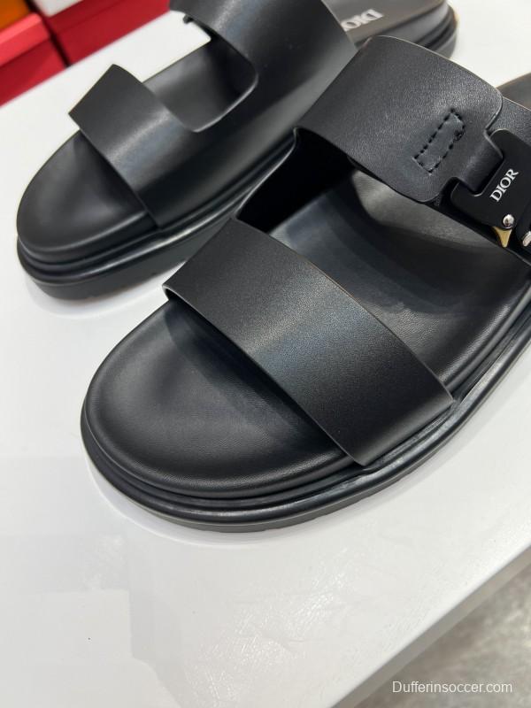 2025 Men Dior Black Leather Slippers Metal CD Diamond AS00190