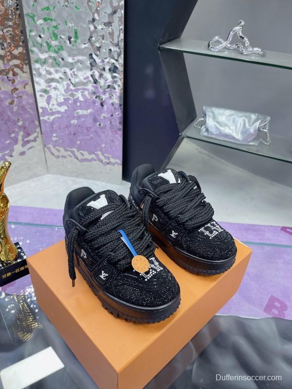 2025 Women Louis Vuitton Black Crystal Trainer Leather Plimsolls Bing Bing AS00420