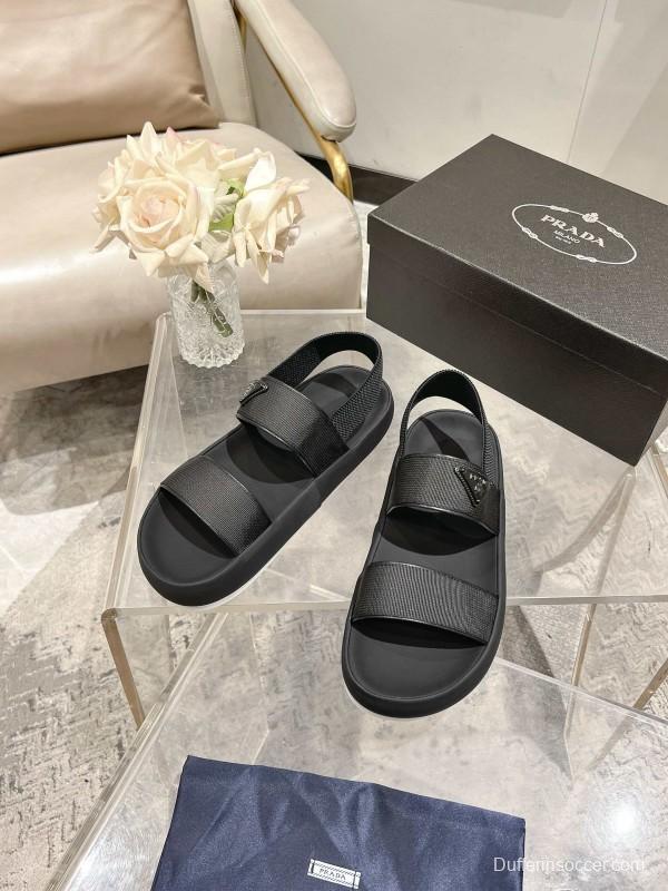2025 Men Prada Black Leather Sandals KFY00220