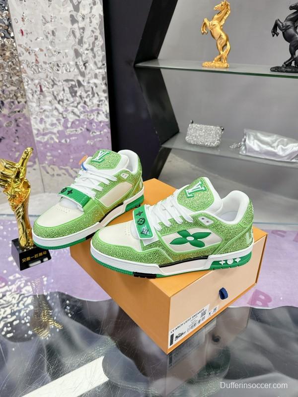 2025 Unisex Louis Vuitton Green White Leather Fabric Plimsolls Handmade Crystal Detailing AS00400