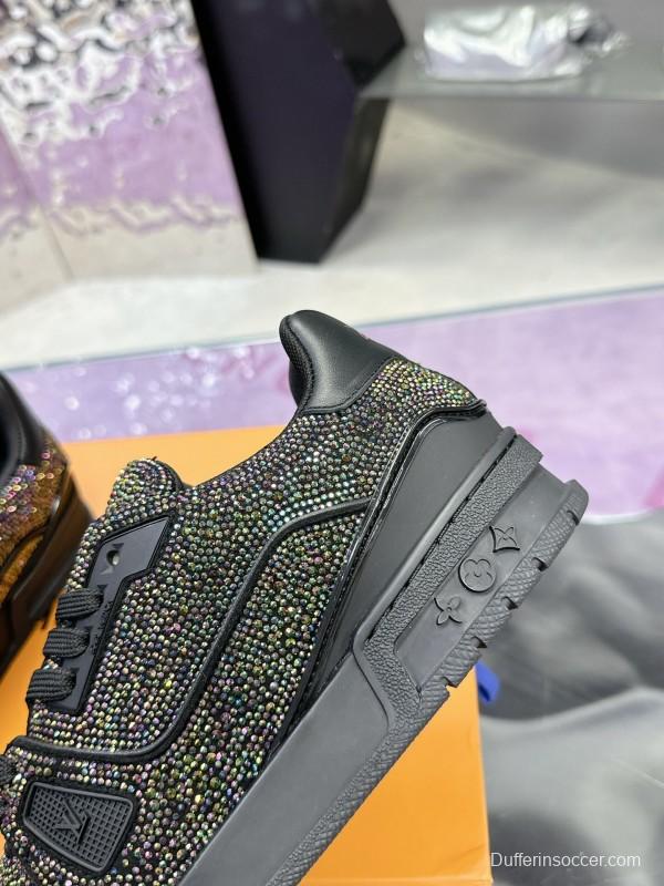 2025 Unisex Louis Vuitton Black Handmade Rhinestone Leather Fabric Plimsolls LV Trainer AS00400