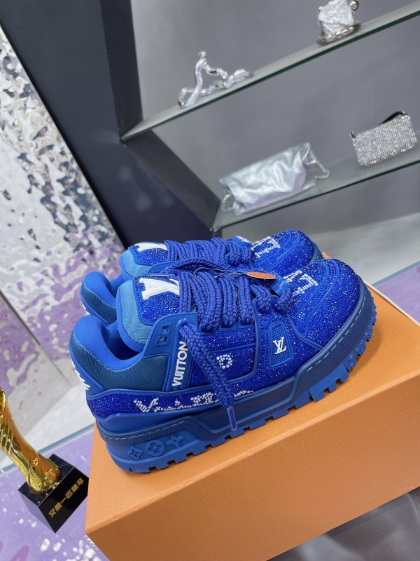 2025 Women Louis Vuitton Blue Crystal Trainer Original Custom Bing Bing Luxury Crystal Rhinestone High Temperature Hot Pressing TPU Sole AS00420