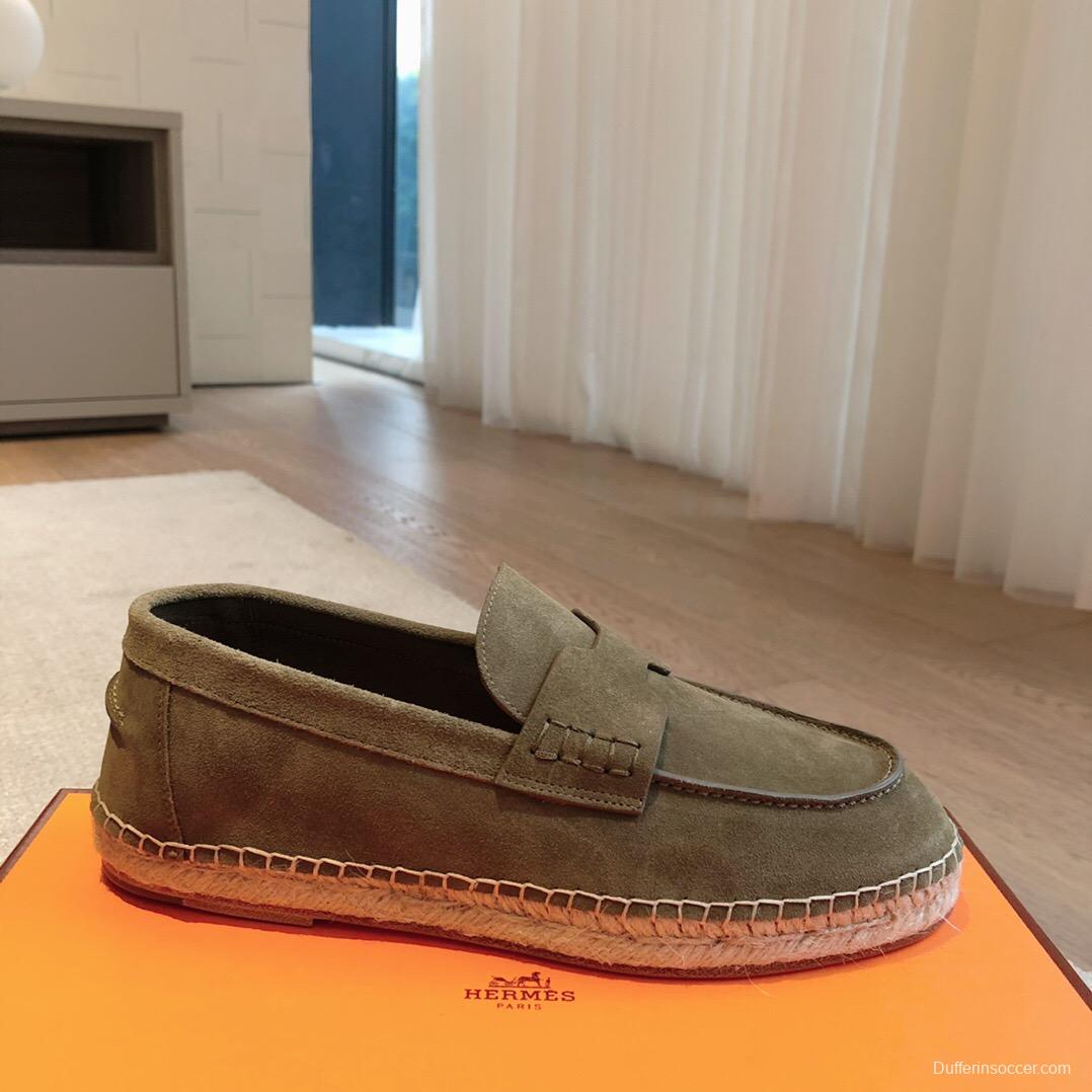 2025 Unisex Hermès Olive Suede Calfskin Loafers AS00380