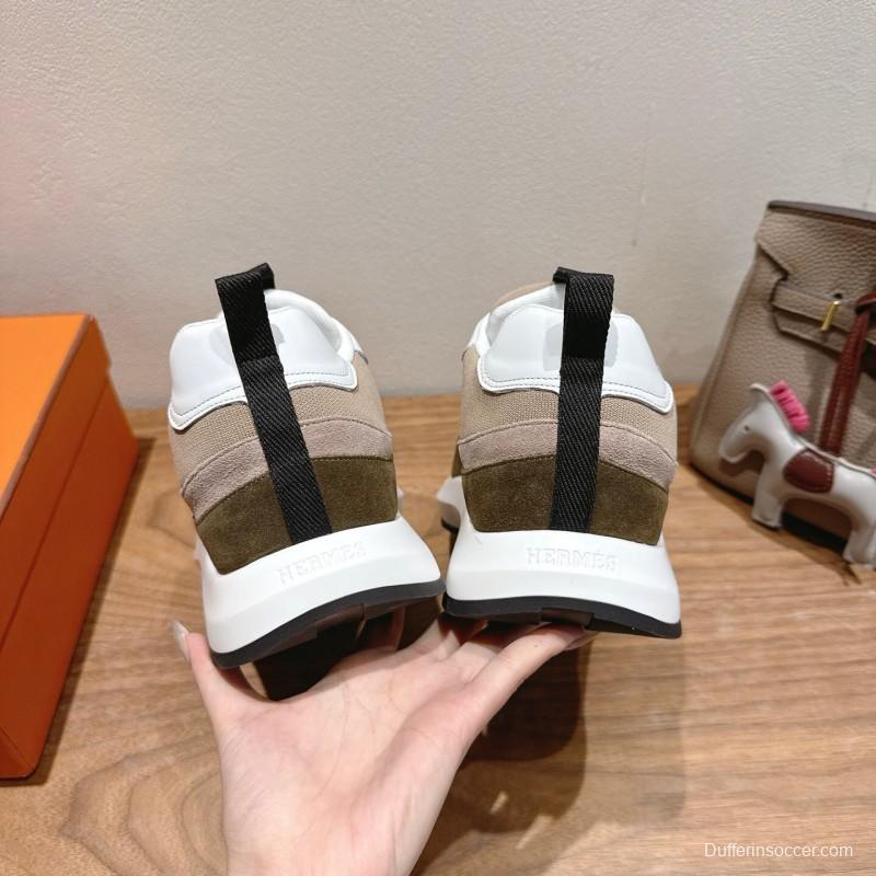 2025 Unisex HERMES White Beige Khaki Fabric Leather Sneakers AS00400