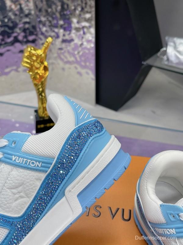 2025 Unisex Louis Vuitton Light Blue White Leather Denim Plimsolls Hand Drilled AS00400