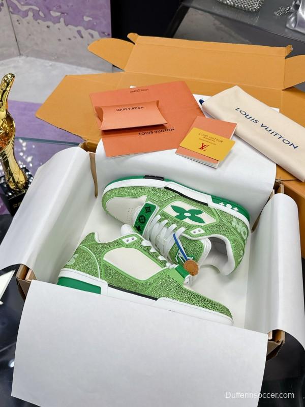 2025 Unisex Louis Vuitton Green White Leather Fabric Plimsolls Handmade Crystal Detailing AS00400