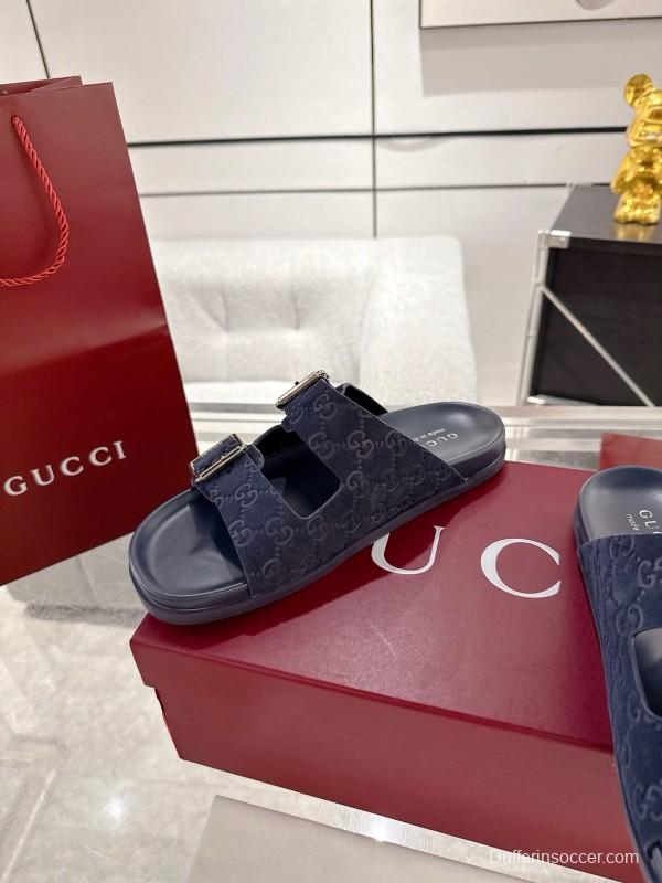 2025 Unisex Gucci Black Leather Fabric Slippers Double G Embossed AS00240