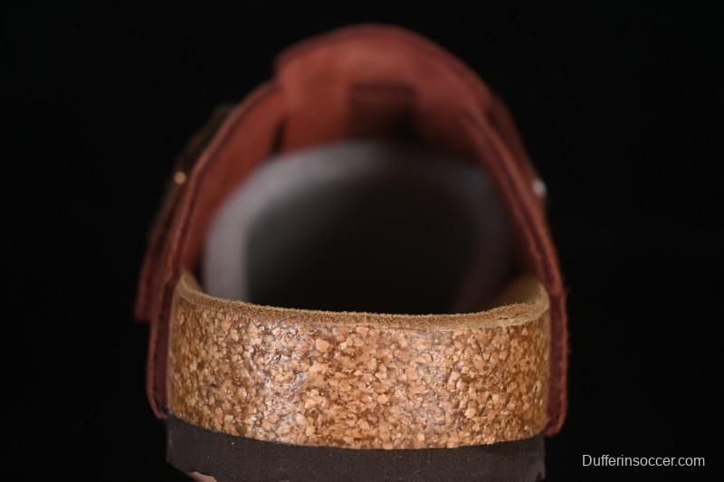 Birkenstock Sandals Series with Soft Leather Upper and Cork Rubber Midsole - Red Wine