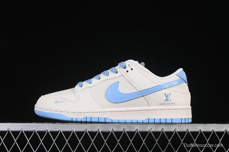 Nike SB Dunk Low LV Collaboration Off-White Ice Blue Print Anniversary High-End Custom Low-Top Casual Skate Shoes - JP1628-015