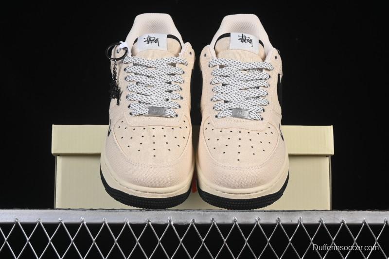 Nike Air Force 1 '07 Low Stussy Collaboration Beige Black Canvas Casual Sneakers - XX3168-155