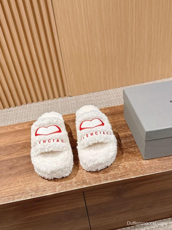 Balenciaga 2025 SS Qixi Limited Series Letter Embroidery Platform Shearling Slippers - AS00200