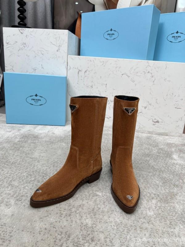 Prada Classic Triangle Logo Pointed Toe Boots - LY00350