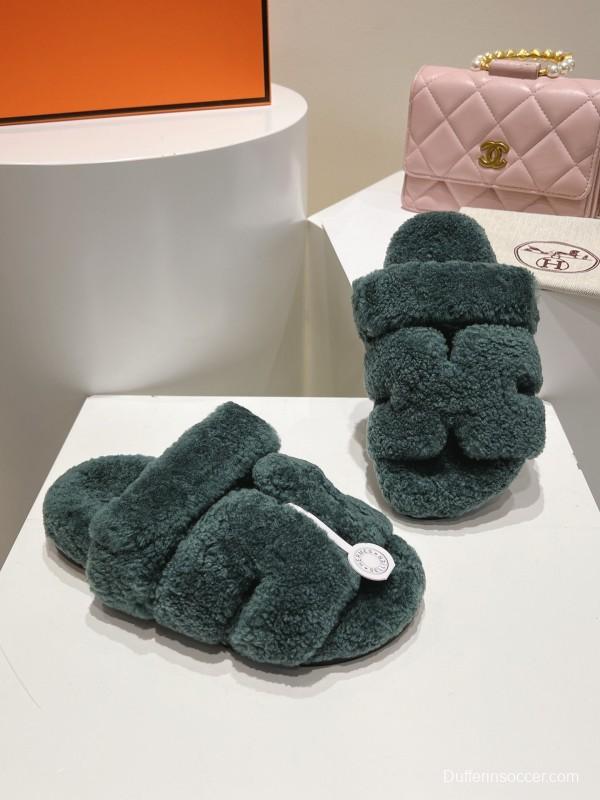 H Love Erjiu Full Wool Slippers with Slightly Curled Wool - LY00270