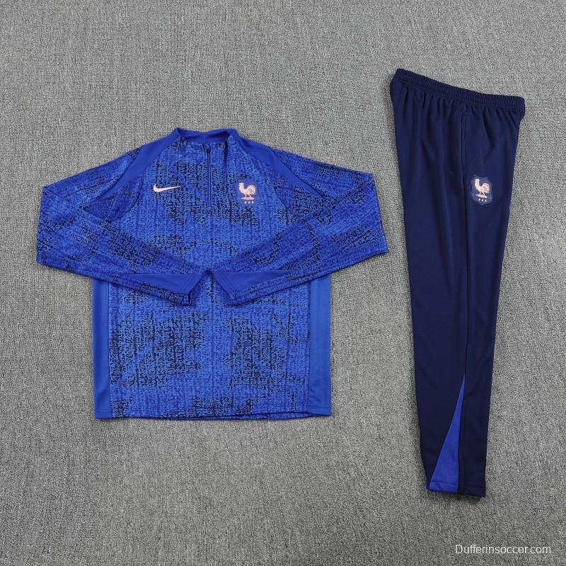 2025 France Royal Blue with Textured Pattern Half Zipper Jacket Tracksuit +Long Pants