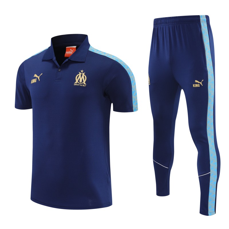 26/27  Marseille Navy Blue  Polo Training Shirt + Long Pants Tracksuit