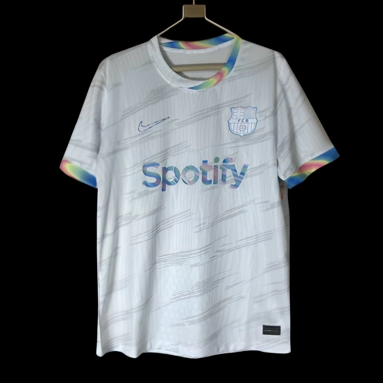 25/26 Barcelona White Nike Football Jersey with Spotify Sponsorship and Rainbow Accents