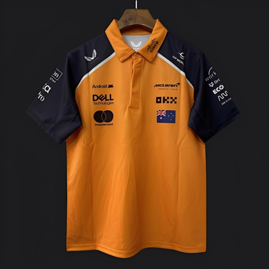 2026 F1 McLaren Racing Papaya Orange with Navy Blue Raglan Sleeves Polo Jersey